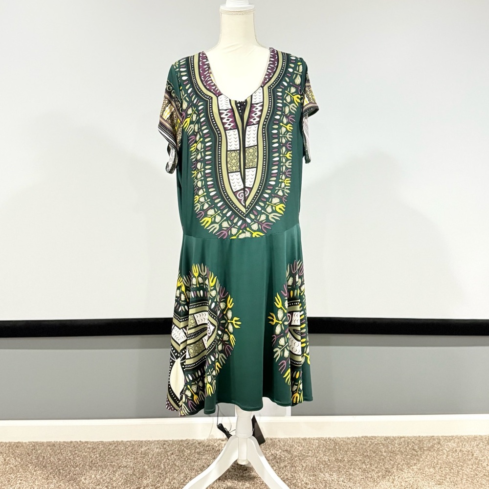 Ashley Stewart Green Dashiki Kaftan Dress Short Sleeve Paisley Sz 22/24 NWT